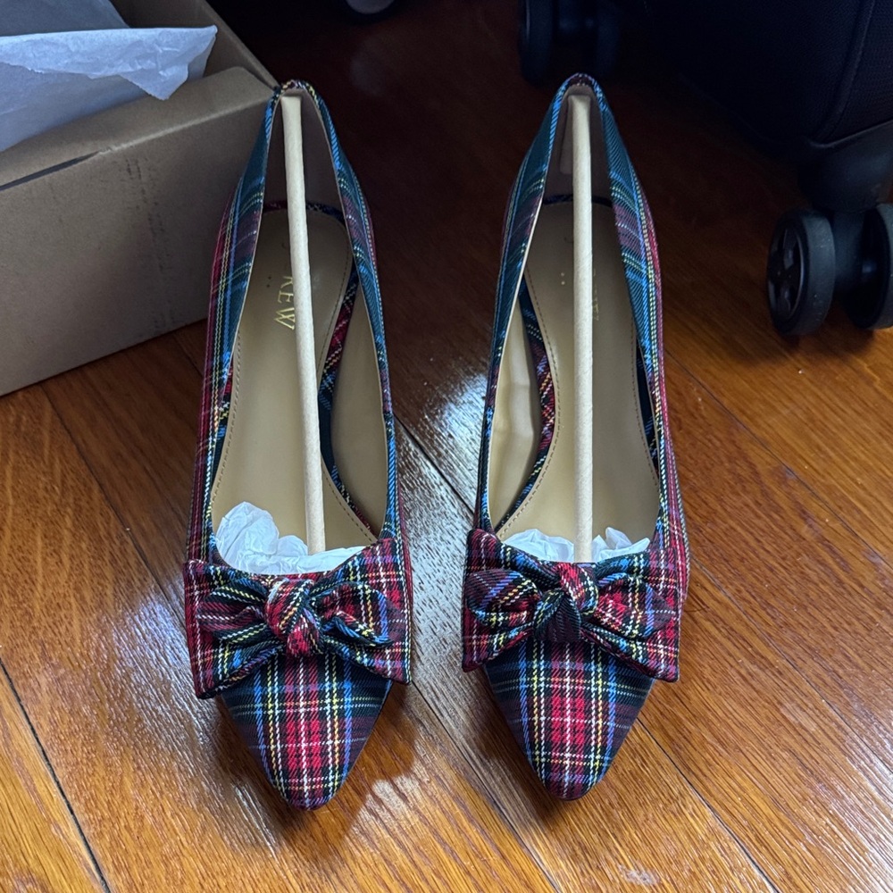 J. Crew Esme Tartan Plaid Bow Heels - Red and Blue